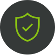 Dark grey circle with a lime green tick in the middle and shield around the outside