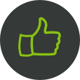 Dark grey circle with a lime green thumbs up icon in the middle