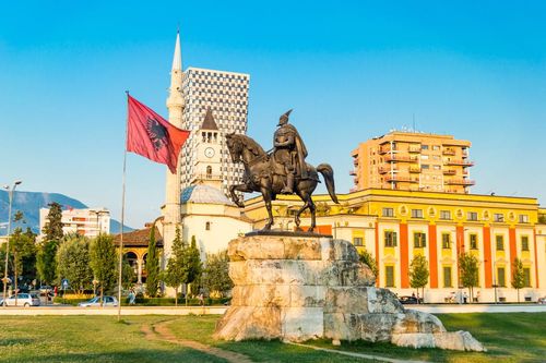 Statue of Skanderbeg, Et'hem Bey Mosque and Clock Tower
