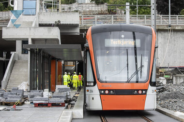 Første testkjøring med bybanen til Fyllingsdalen - Kristianborg Haldeplass