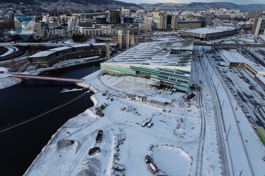 Dronebilete frå bybanetraseen ved Store Lungegårdsvann