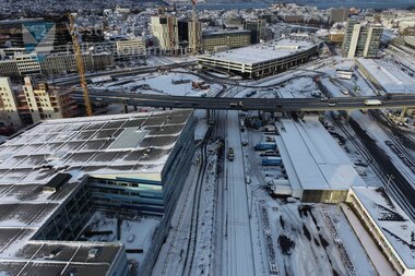 Dronebilete frå bybanetraseen ved Store Lungegårdsvann