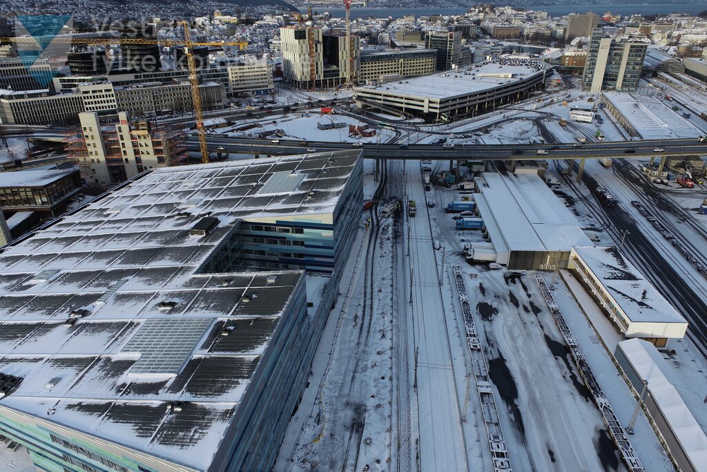 Dronebilete frå bybanetraseen ved Store Lungegårdsvann