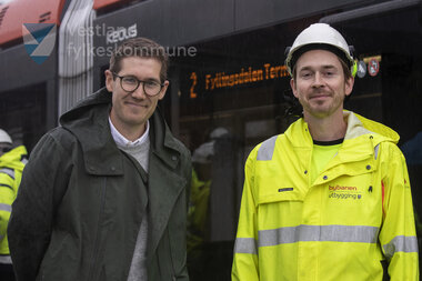 Første testkjøring med bybanen til Fyllingsdalen - ankomst Fyllingsdalen