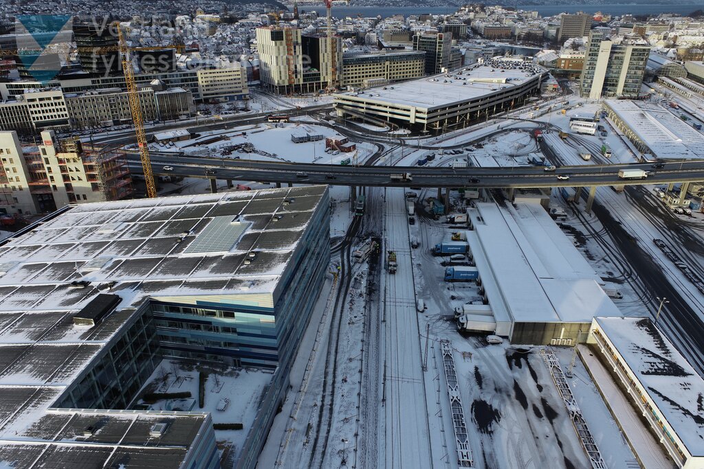Dronebilete frå bybanetraseen ved Store Lungegårdsvann