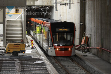 Første testkjøring med bybanen til Fyllingsdalen - Kristianborg Haldeplass