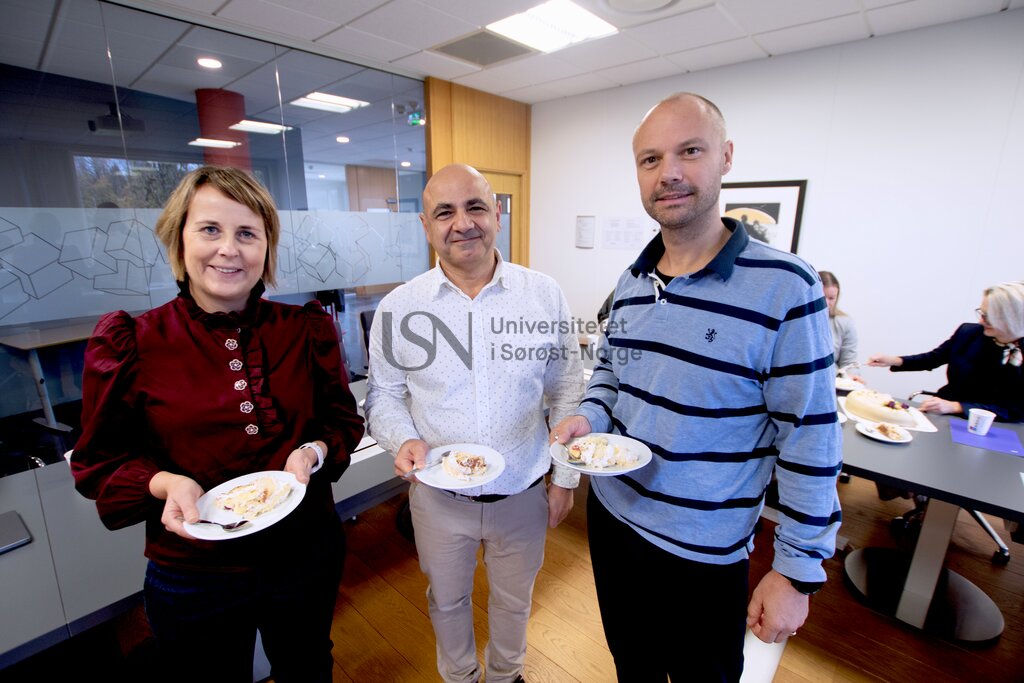 Avdelingslederne Hilde Eide Tørring og Morteza Shabani fra Fagskolen Vestfold og Telemark og  instituttleder Tor-Inge Myklebust Lie fra USN