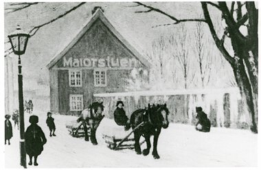 Den opprinnelige bygningen som sto på hjørnet av Bogstadveien og Kirkeveien.