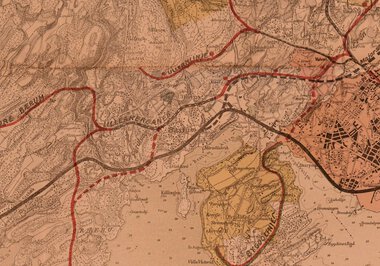 Kartutdrag fra konkurranse i 1919, forstadsbaneløsninger
