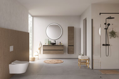 Nordisk baderom med sorte detaljer Nordisk baderom med sorte detaljer