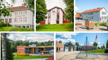 Collage med bilder av Fredheim skole, Jaren Skole, Bjoneroa skole, Brandbu barneskole og Trintom skole.