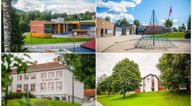Collage med bilder av Brandbu barneskole, Trintom skole, Fredheim skole og Jaren skole.