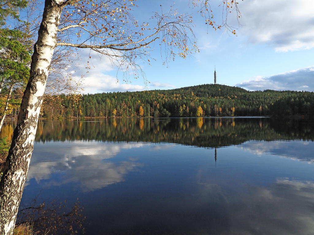 Røverkollen speiler seg i Romstjern