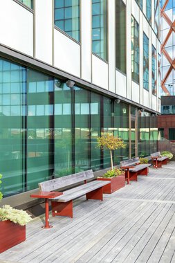 BRISKEBY bench, VROOM planter, BERLIN table