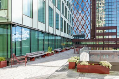 BRISKEBY bench, VROOM planter, BERLIN table
