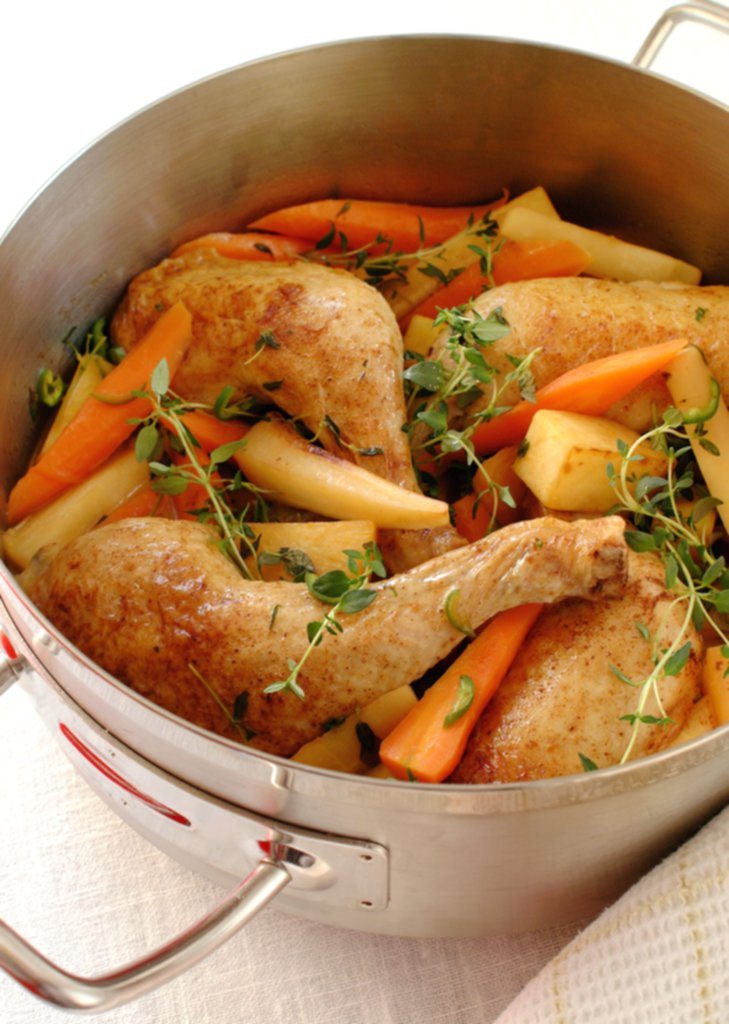 Kyllinglår med rotgrønnsaker i appelsinsaus