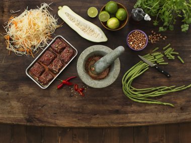 Papayasalat med biffspyd