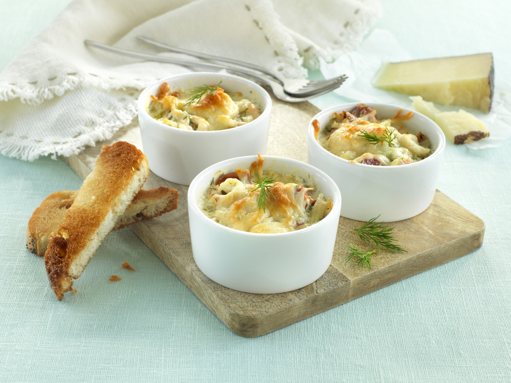 Hvitløksgratinert spekeskinke og reker