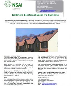 NSAI Solar PV System certification for Kellihers Electrical