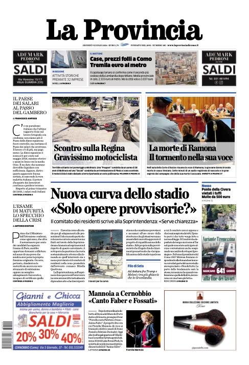 Buongiorno dalla redazione con la prima pagina de La Provincia di Como di oggi.

In primo piano

«Nuova curva dello stad...