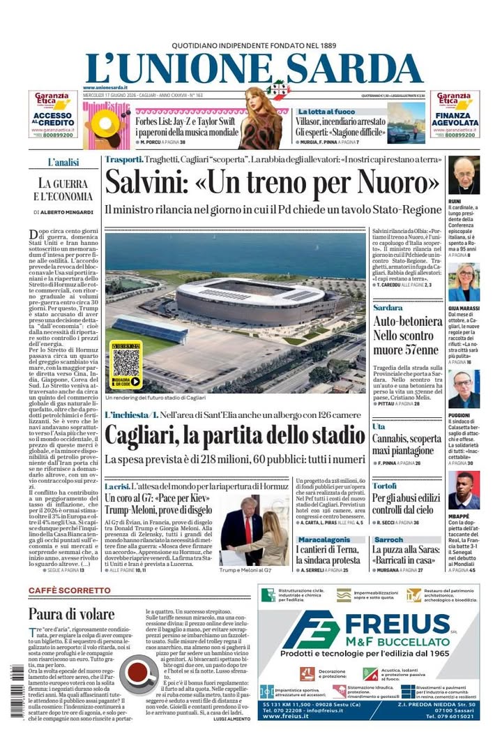 La prima pagina de L'Unione Sarda di mercoledì 17 giugno 

Acquista qui la tua copia: https://t.ly/KehQ7...
