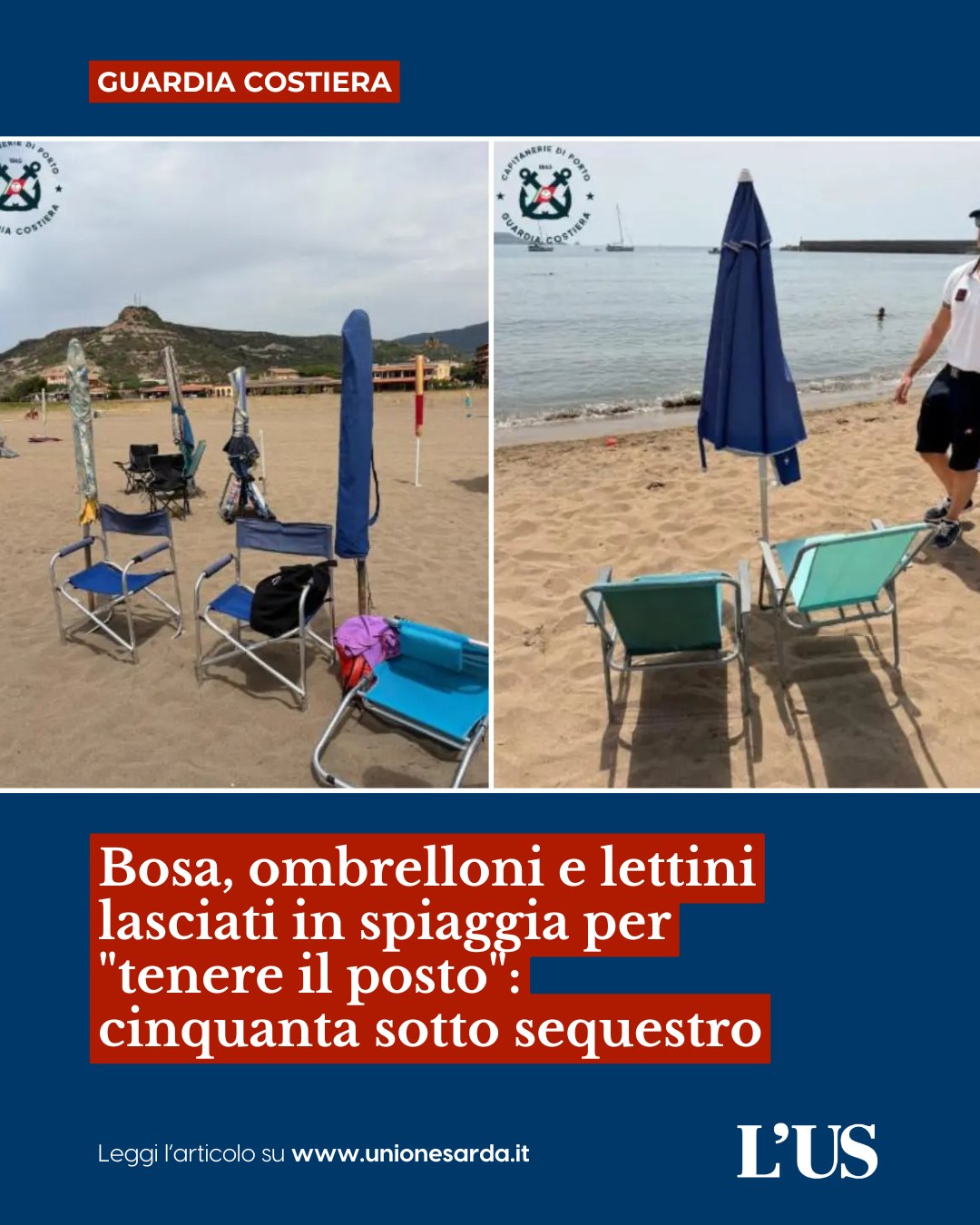 Ombrelloni, sedie e altre attrezzature balneari lasciate sull'arenile per occupare abusivamente porzioni di spiaggia lib...