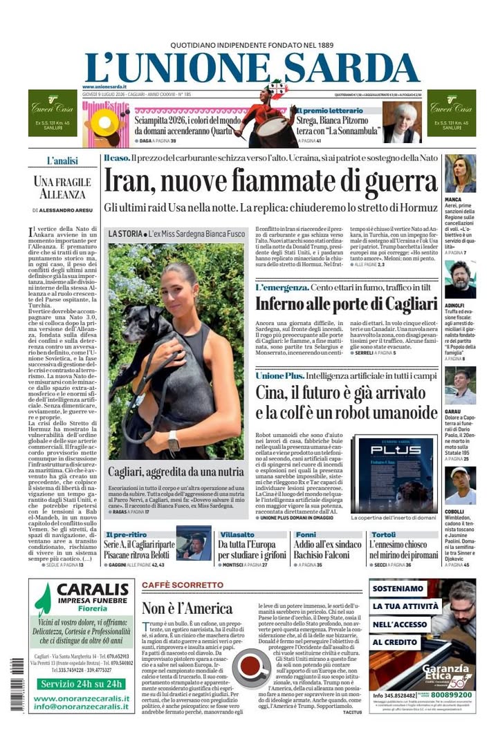 La prima pagina de L'Unione Sarda di giovedì 9 luglio 

Acquista qui la tua copia: https://t.ly/KehQ7...
