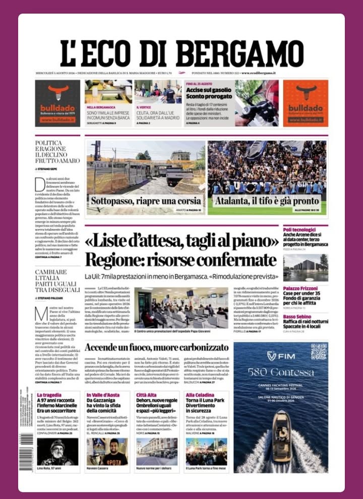 Buongiorno dalla redazione con la prima pagina de L'Eco di Bergamo di oggi 👉🏻 Per gli aggiornamenti: www.ecodibergamo.it...