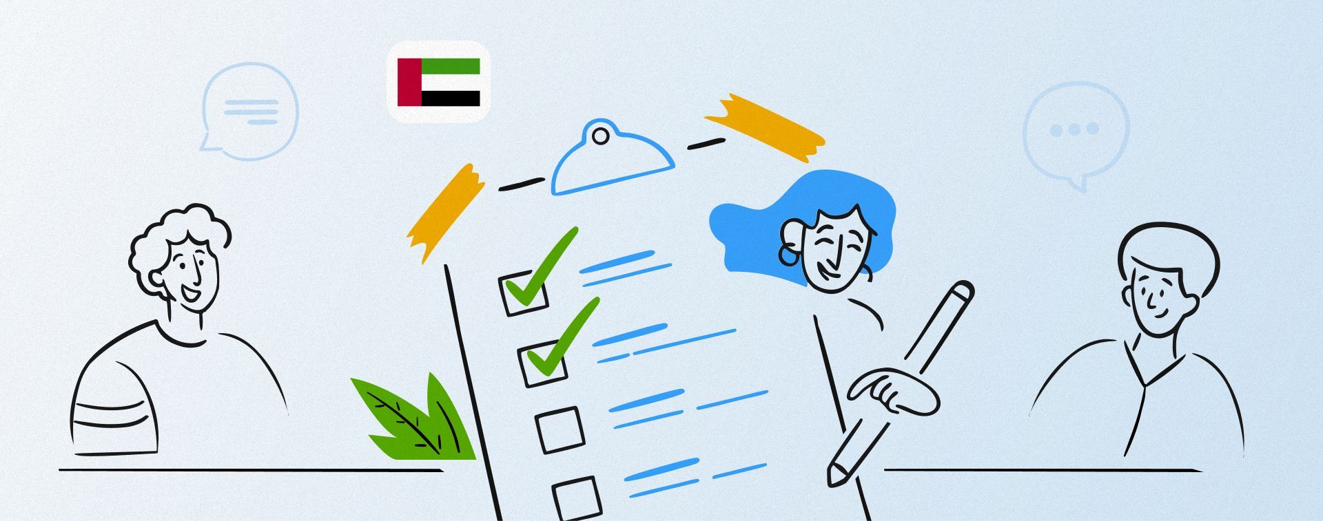 Illustration of an Abu Dhabi school leader working through a parent engagement compliance checklist with policy clauses and communication records