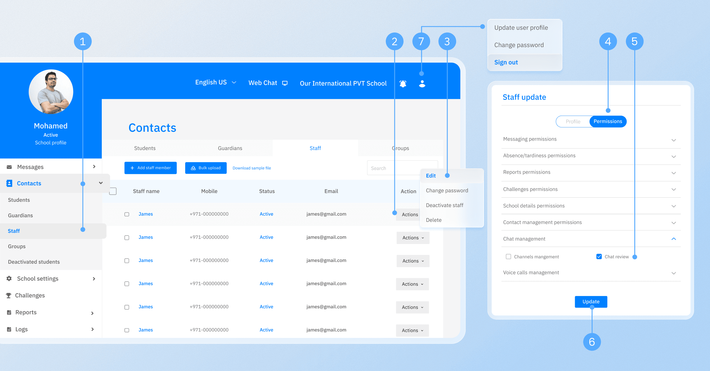 Schoolvoice Chat Review page allowing administrators to search and filter conversations by school, teacher, and student.