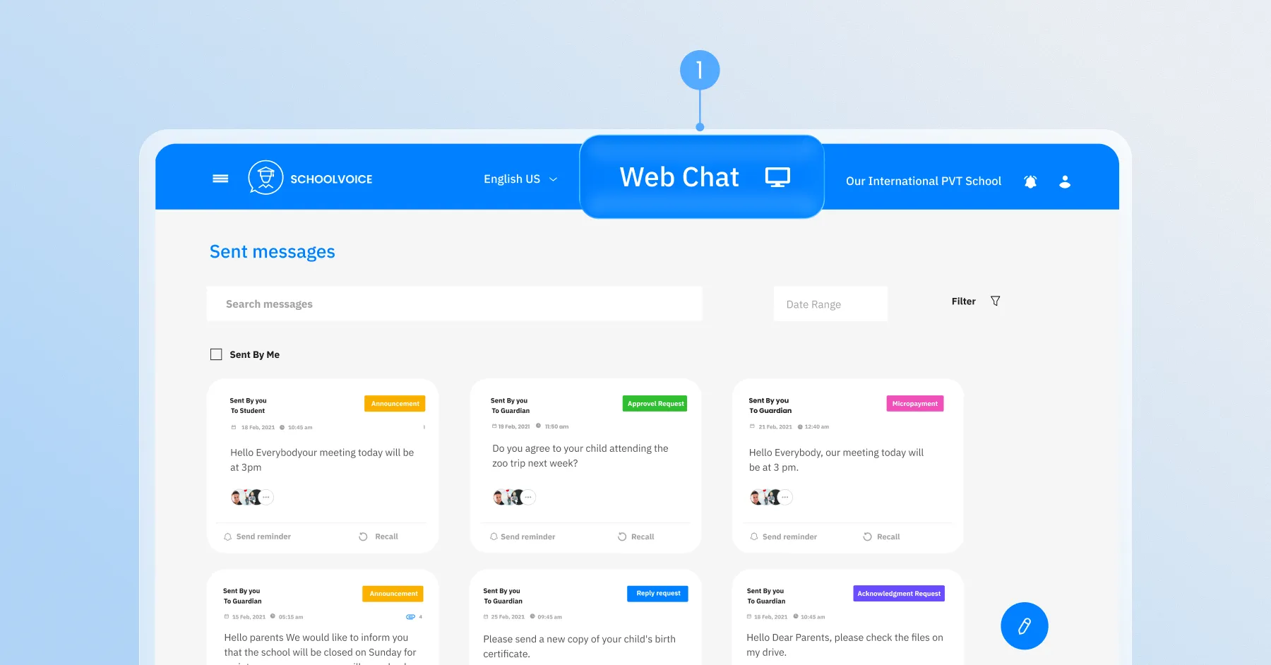 Schoolvoice Web Chat interface showing the conversation inbox and navigation for starting and managing chats.