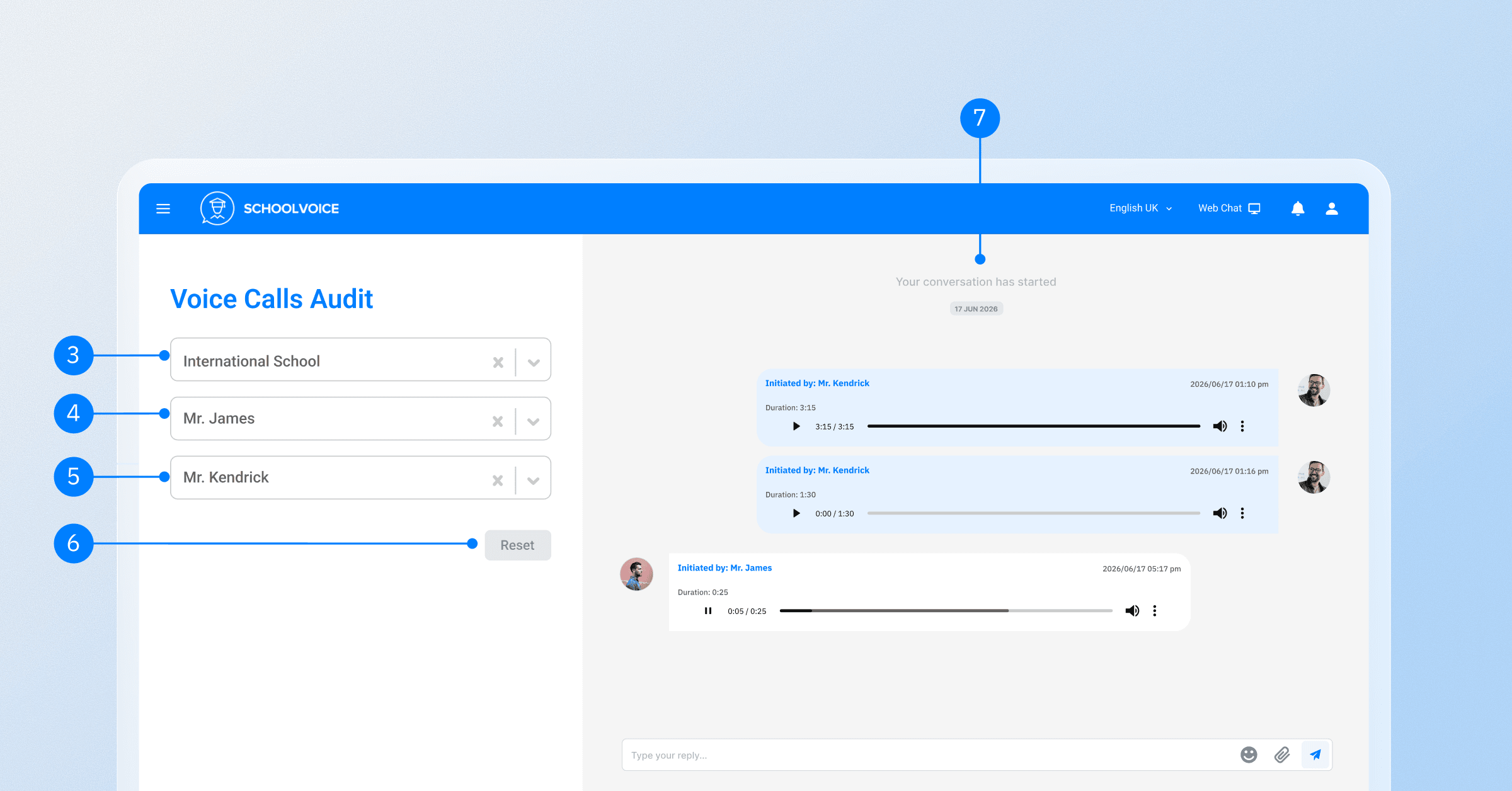 Schoolvoice Voice Calls Audit interface showing call review tools, filtering options, and recorded voice conversation history.