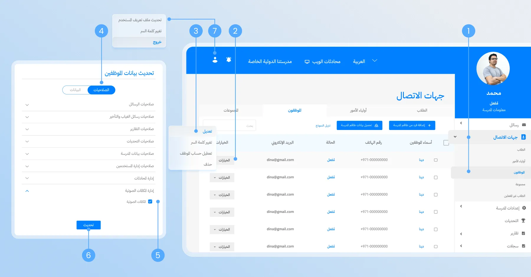 لوحة تحكم سكول فويس لإدارة جهات الاتصال وتحديث صلاحيات المكالمات الصوتية للموظفين.