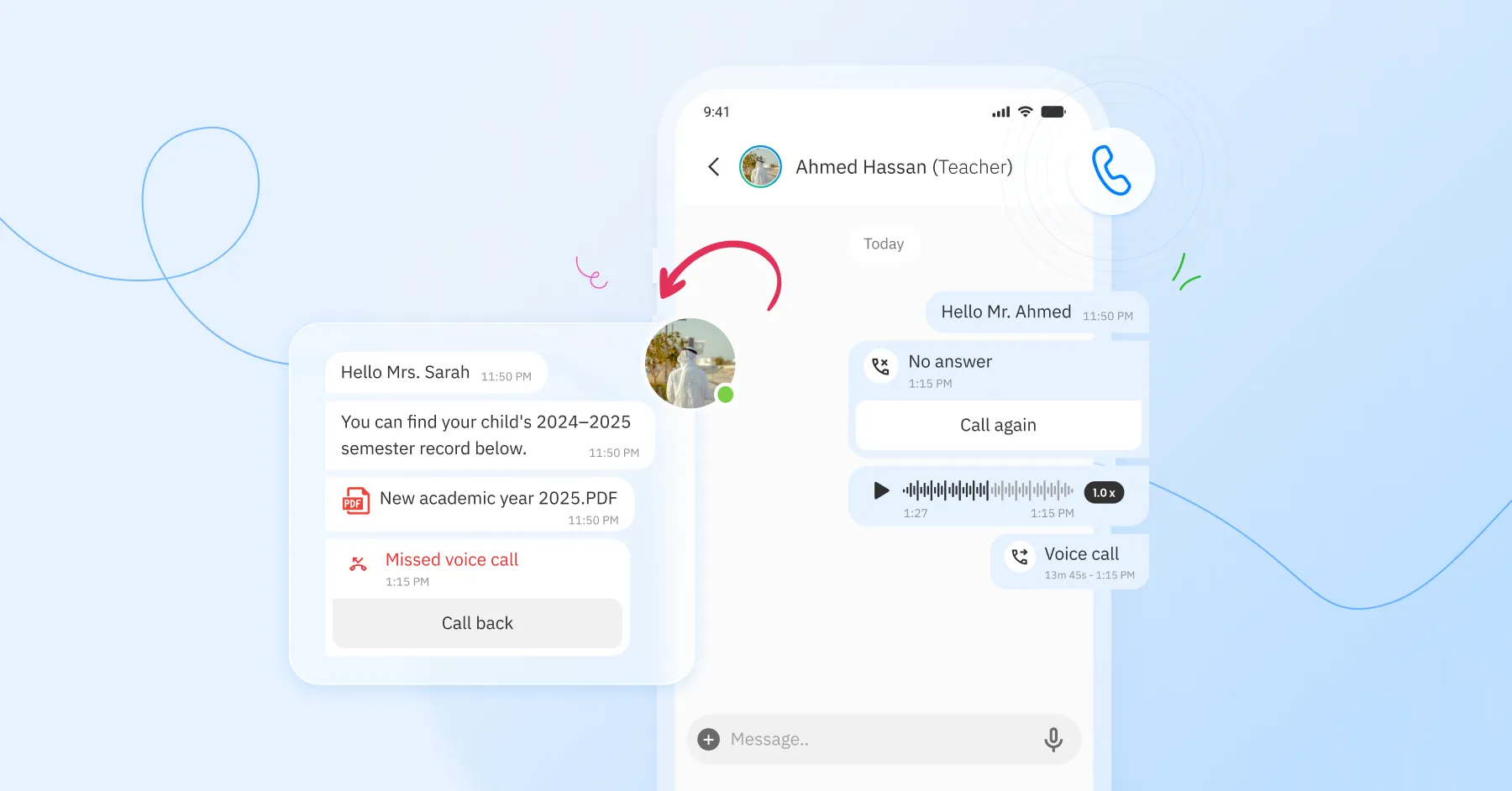 A chat conversation between a parent and a teacher in the Schoolvoice app’s chat feature.