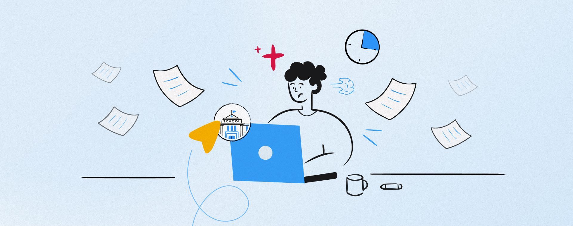 Illustration of a teacher freed from a pile of paperwork as school messages send automatically from a phone
