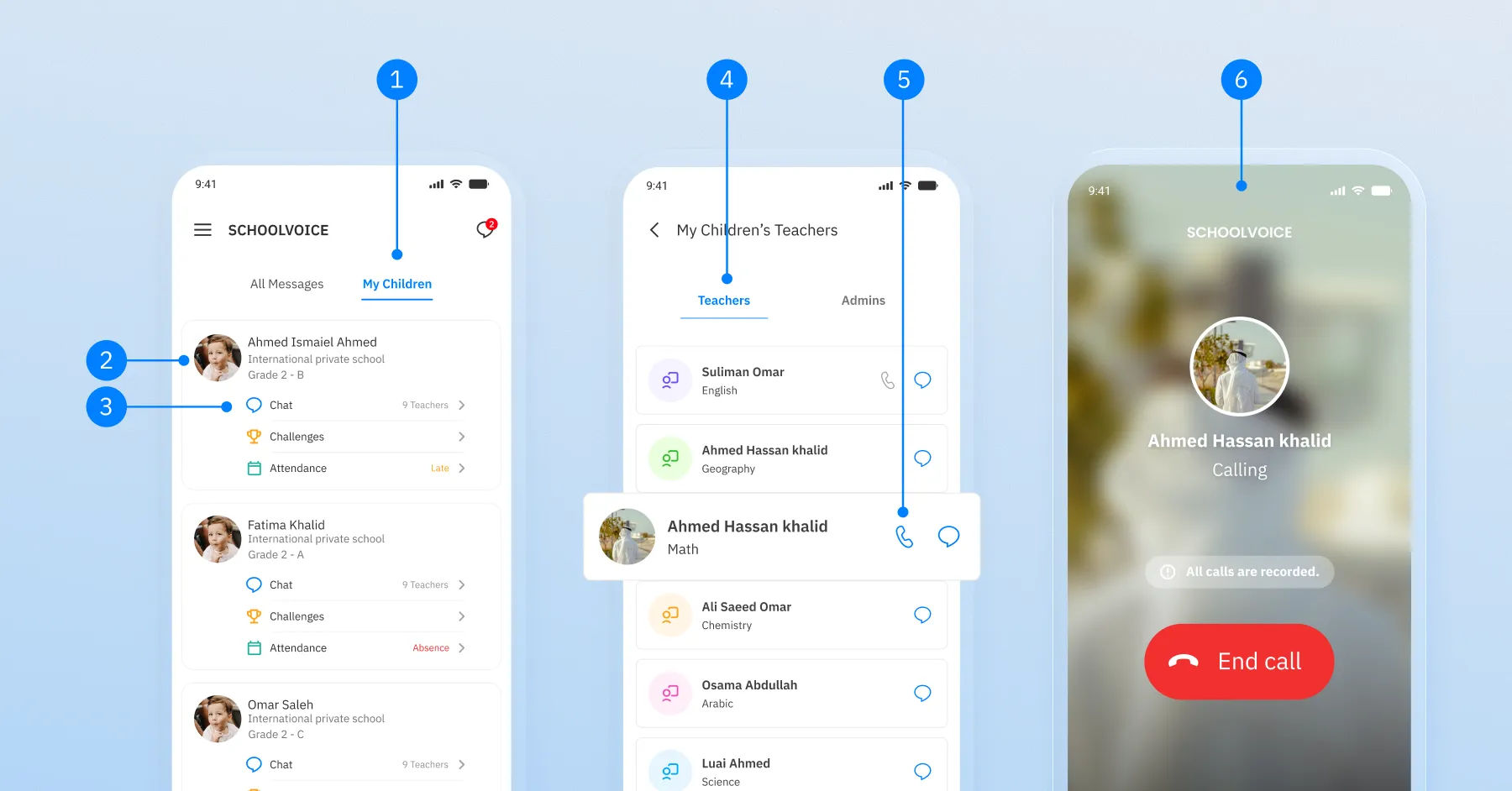 Schoolvoice parent app showing My Children, teacher list, and options to start a chat or voice call with a teacher.