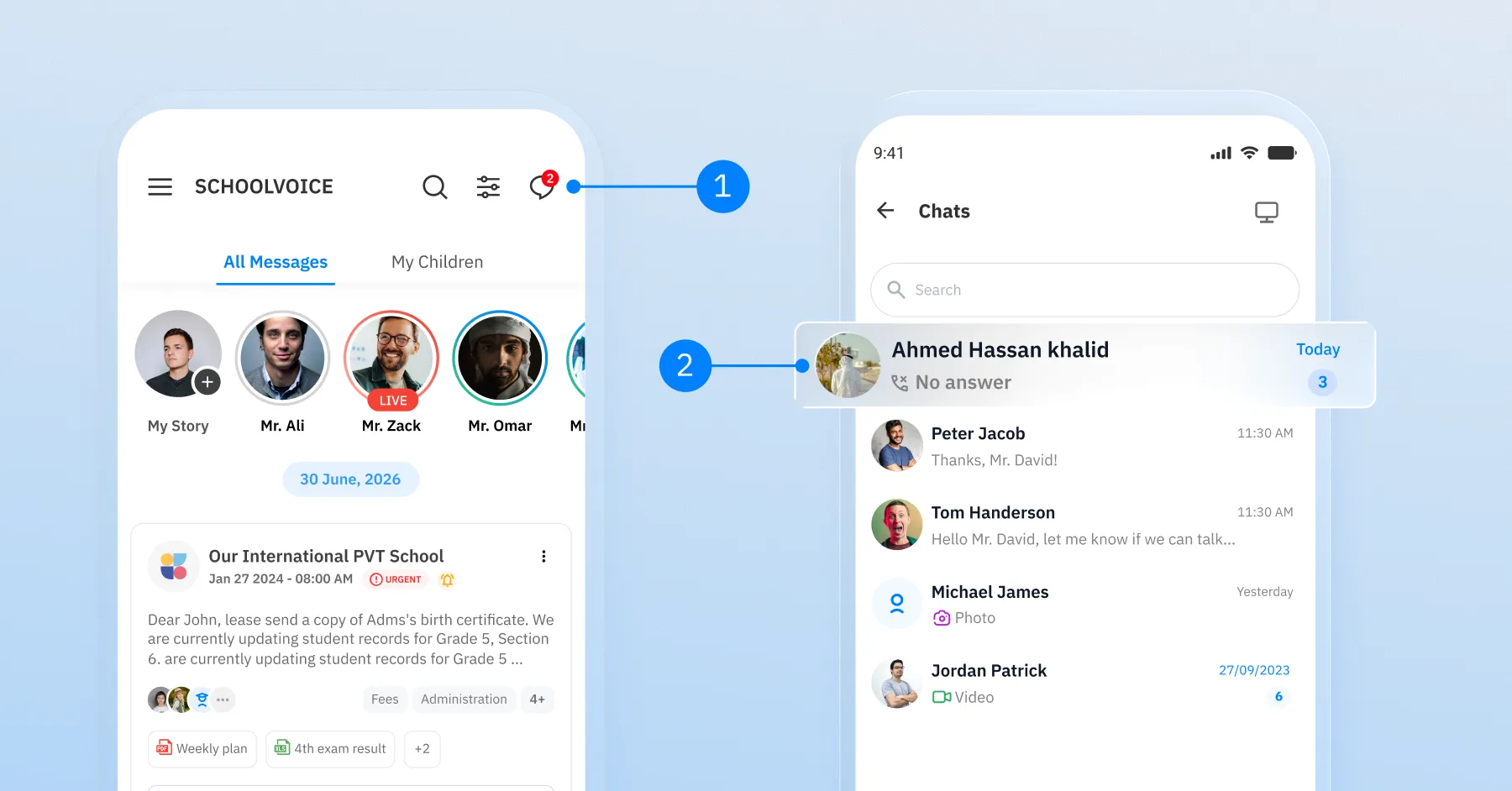 Schoolvoice parent app displaying recent chats with teachers, including missed voice calls and conversation history.