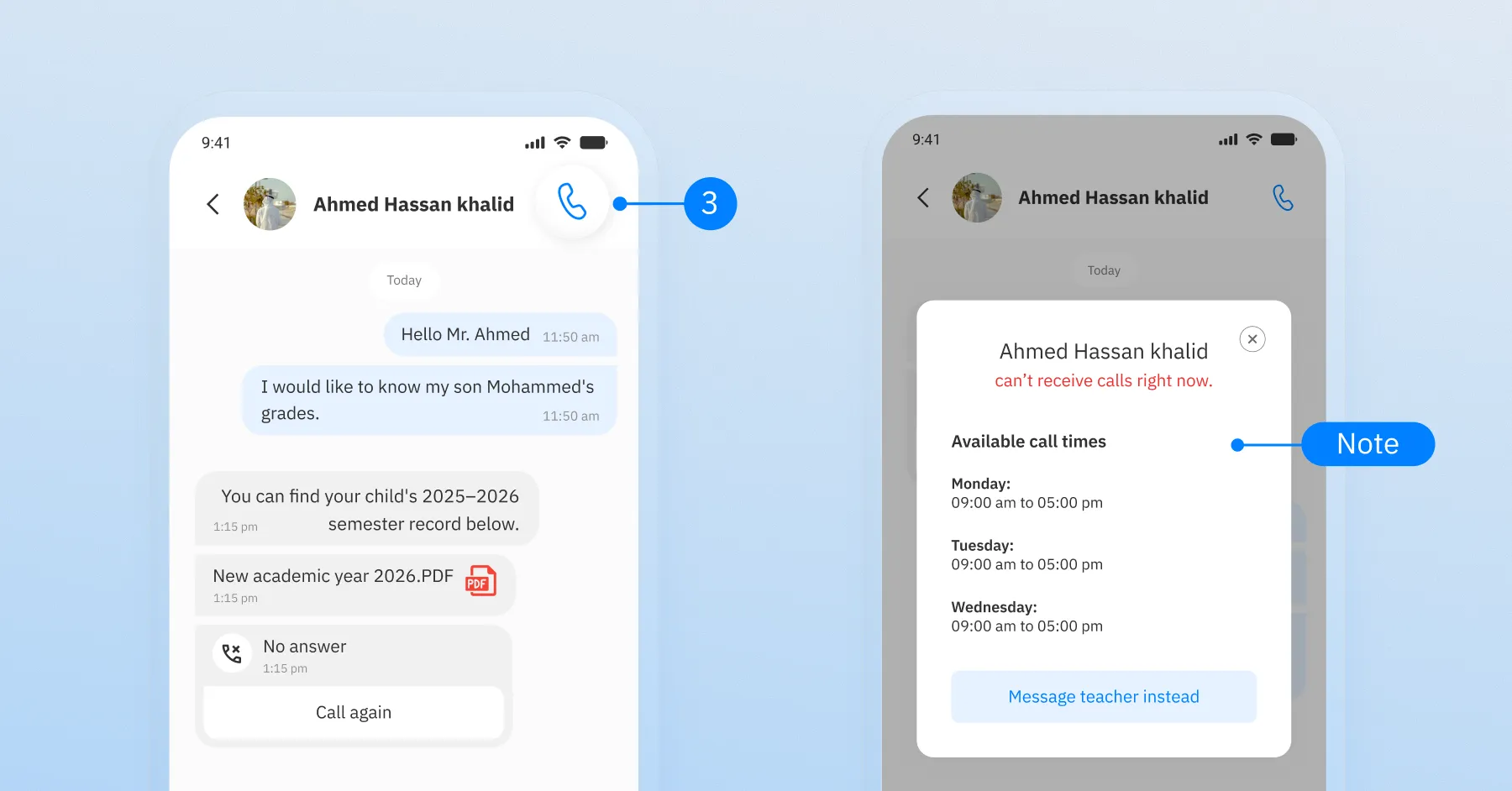 Schoolvoice parent chat screen with voice call button, conversation history, unavailable call notification, and teacher availability schedule.