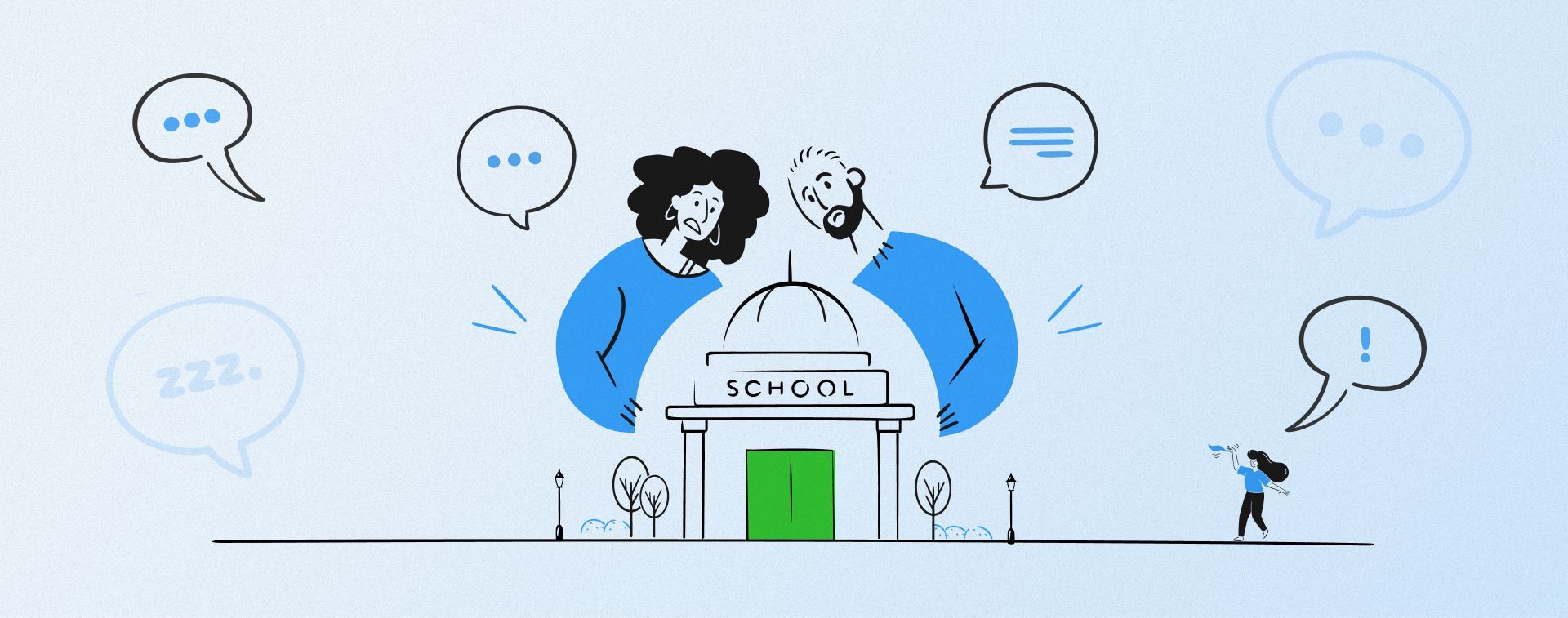 Illustration of a school leader reviewing a parent engagement report showing which families have stopped responding