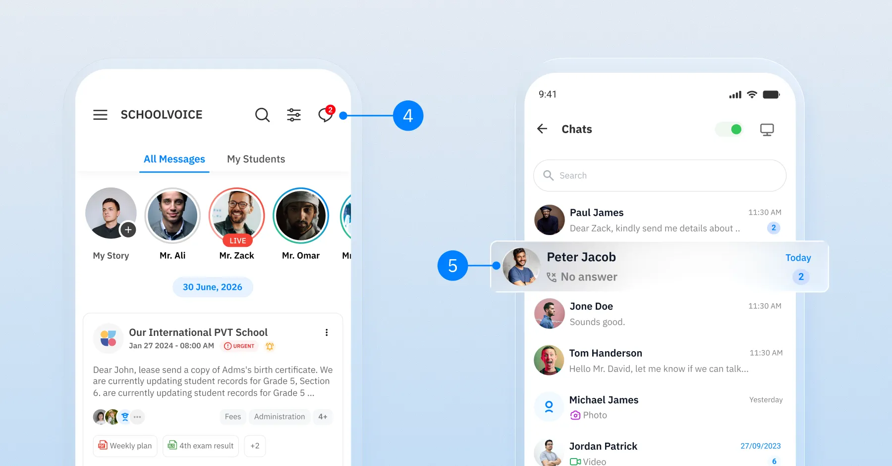 Schoolvoice chat list showing conversation history with missed voice calls and direct call access.