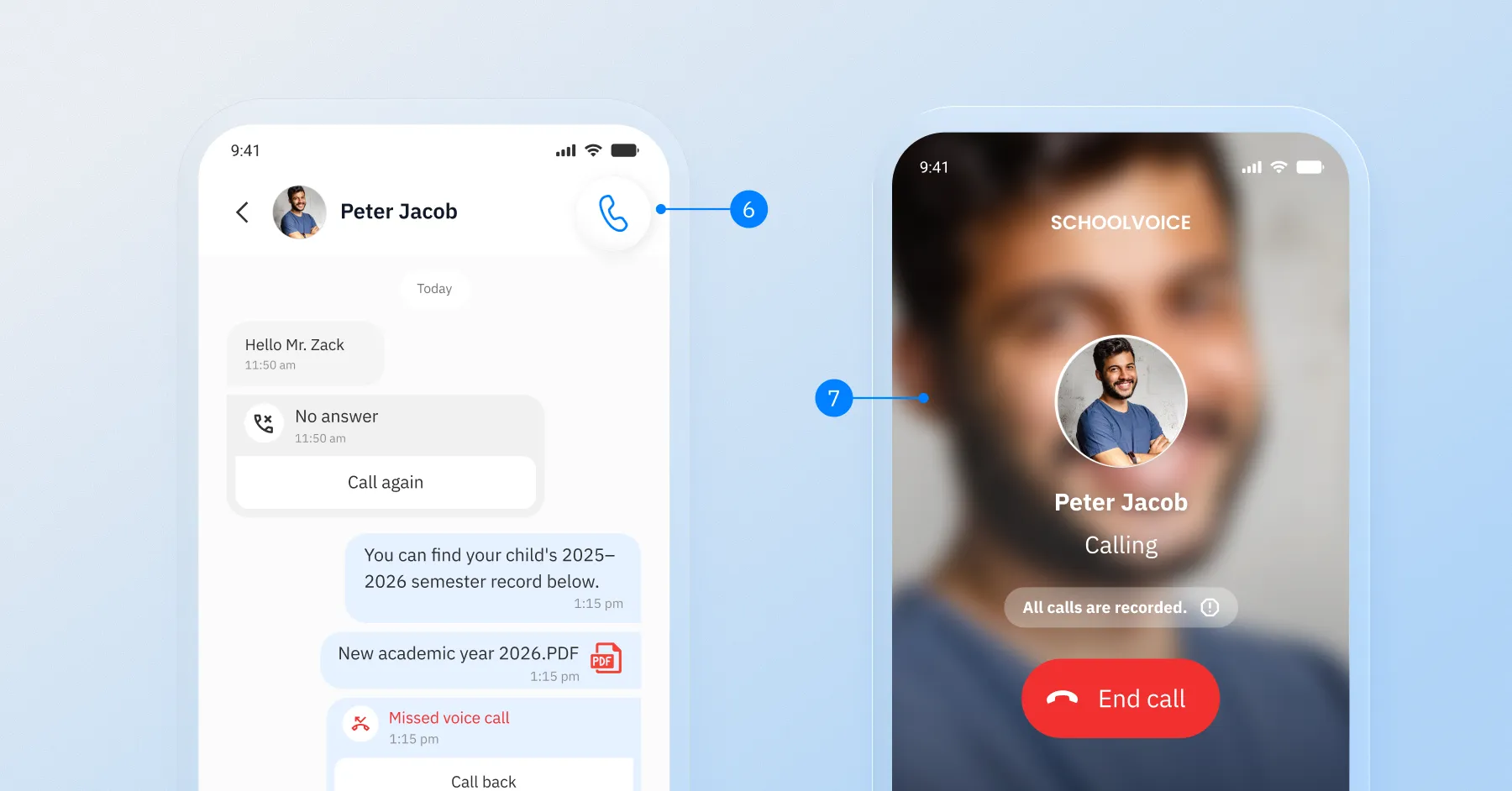 Schoolvoice chat screen with voice calling, missed call history, and callback option for teachers and parents.