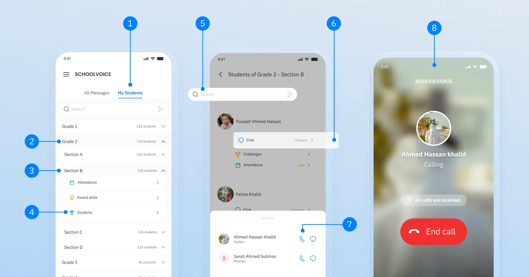 Schoolvoice teacher app showing the My Students tab, a selected grade section, parent contact options, and an active voice call screen.