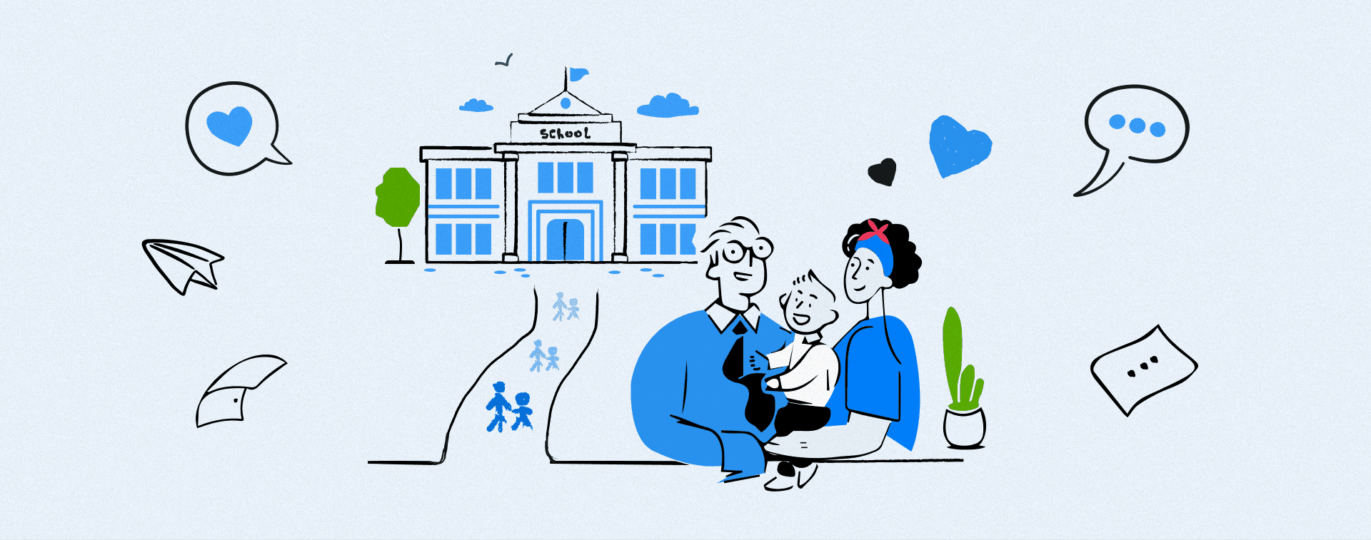 A friendly illustration of a school building with parents and a child smiling together in front, surrounded by icons of hearts, messages, and a paper airplane, symbolizing strong family-school communication and engagement.