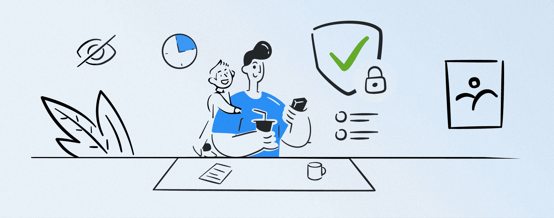 Data security in parent messaging illustration: parent and child with icons for privacy, compliance, and safe school communication in 2025.