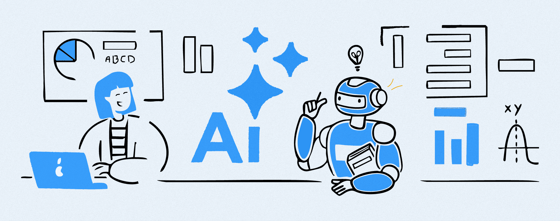 Illustration showing a teacher and a friendly robot collaborating with charts, graphs, and the letters "AI." The scene represents agentic AI supporting K-12 educators and students in data-driven learning, personalized instruction, and smarter school operations.