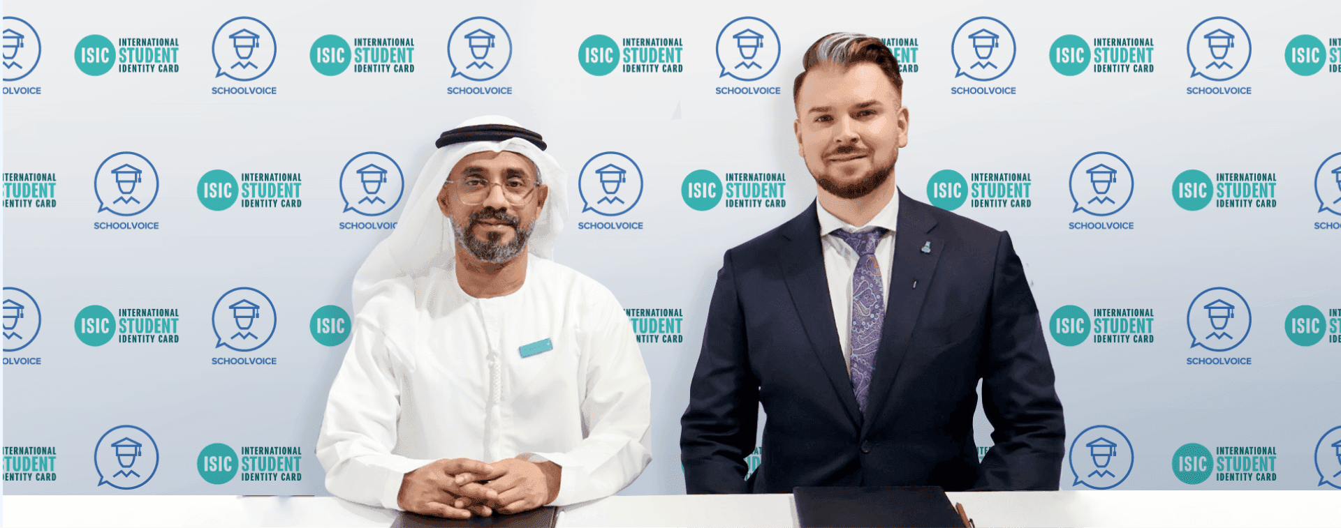 Ali Bin Yahia with Michal Lezo, Regional Director of ISIC in the Middle East, during the announcement of Schoolvoice’s partnership with ISIC, which enables students and teachers to obtain global discounts and apply for the UNESCO-approved international student card directly through the platform, enhancing school interaction and communication with parents.