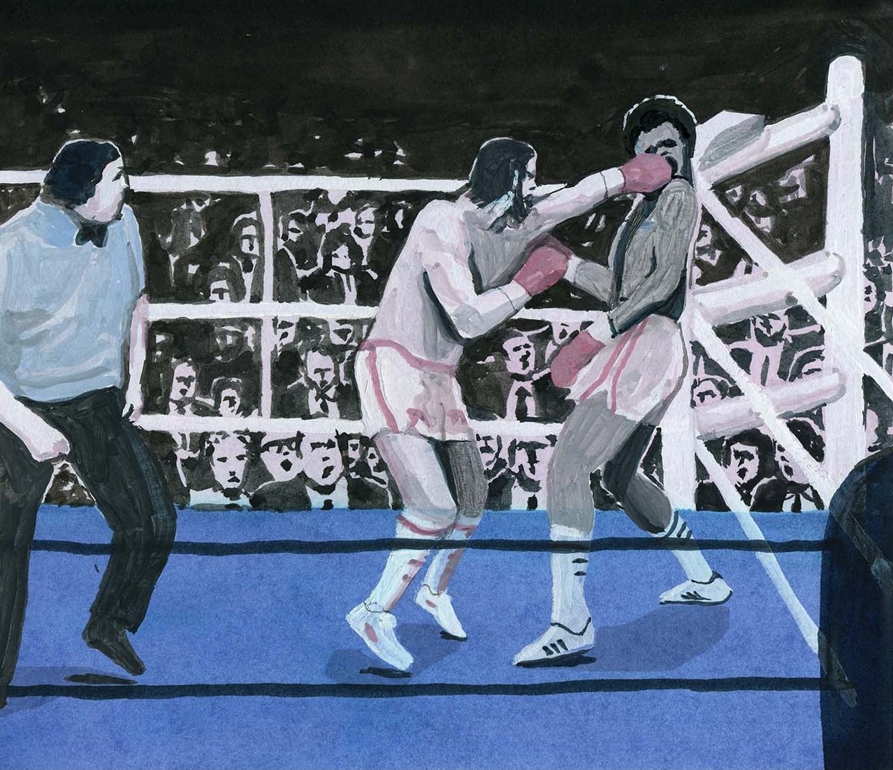 La bagarre de Montréal, 20 juin 1980. Ce combat est entré dans la légende de la boxe et constitue un sommet dans la carrière de ses protagonistes, Roberto Duran et Sugar Ray Leonard. (Encre et gouache sur papier).