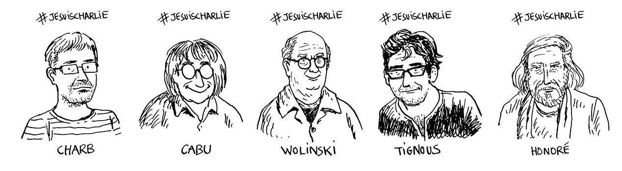 Hommage aux dessinateurs de Charlie Hebdo victimes de l'attentat du 7 janvier en 2015. 