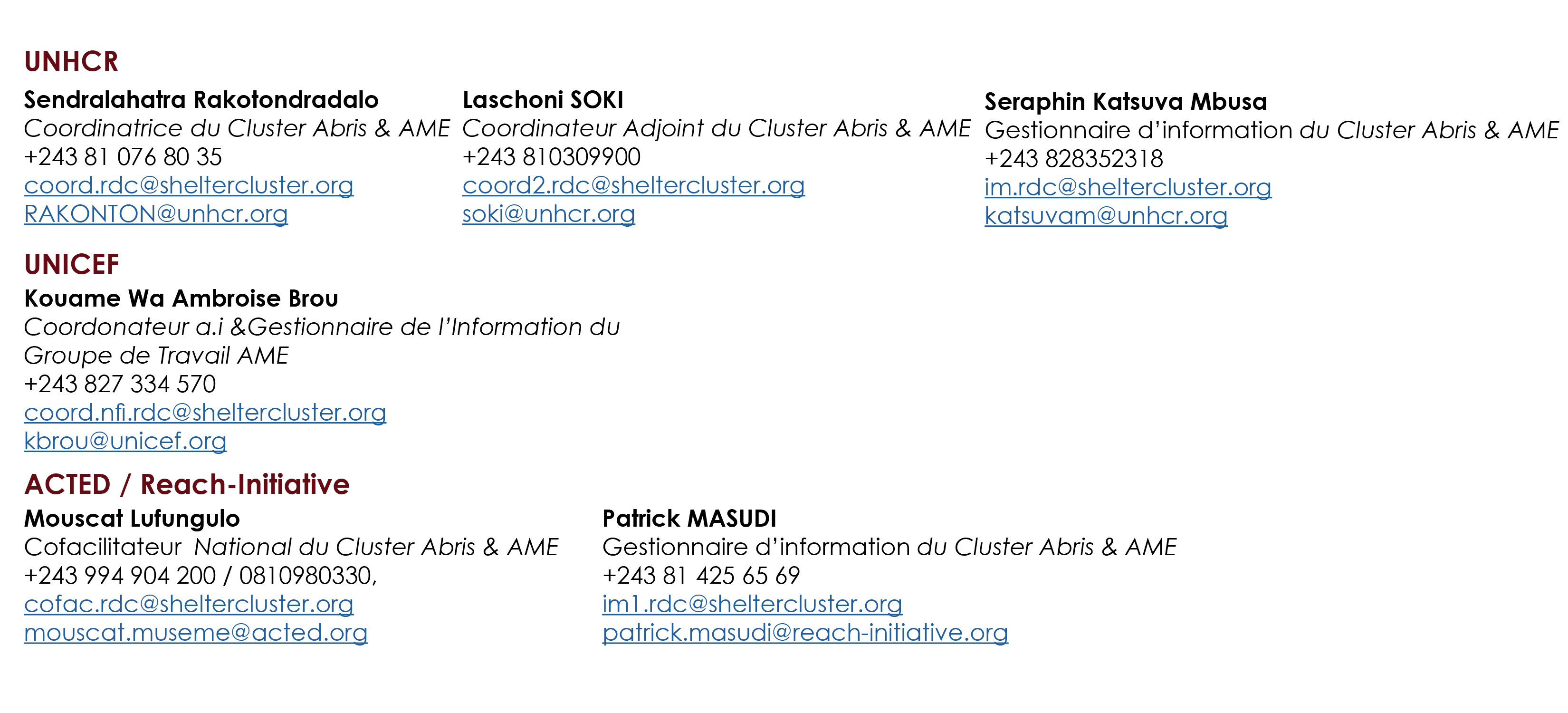 Contacts des membres du cluster