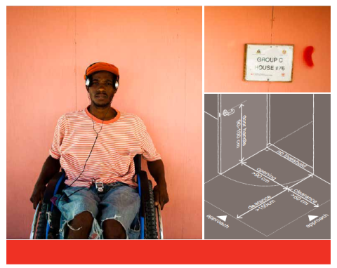 Image of a man in a wheelchair against an orange background, with an image of the correctly dimensioned doorway to allow for wheelchair access